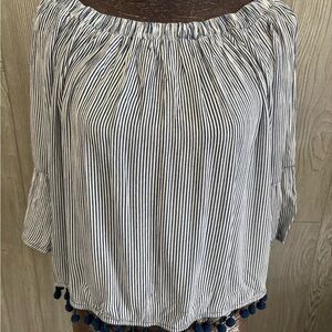 Navy Striped Off-Shoulder Blouse with Pom-Pom Trim, Measurements included in pic